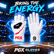 PGX Eye of the Tiger baseball batting gloves showing backhand artwork and white leather palm with Bring the Energy text