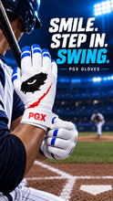 Player wearing PGX Eye of the Tiger baseball batting gloves at the plate with Smile Step In Swing text