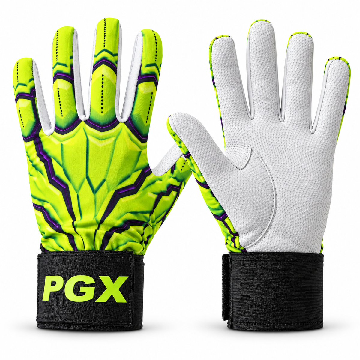 PGX Gamma Crush batting gloves pair: lime green and purple backhand beside white leather palm, with black long cuffs