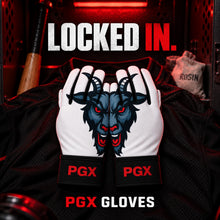 Pair of PGX GOAT long cuff baseball batting gloves displayed in a red-lit equipment locker with Locked In text