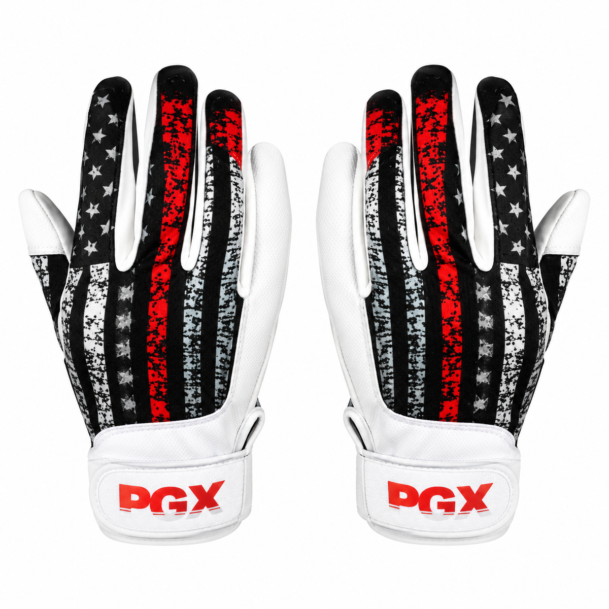 PGX firefighter batting gloves with black and red striped design and white cuffs