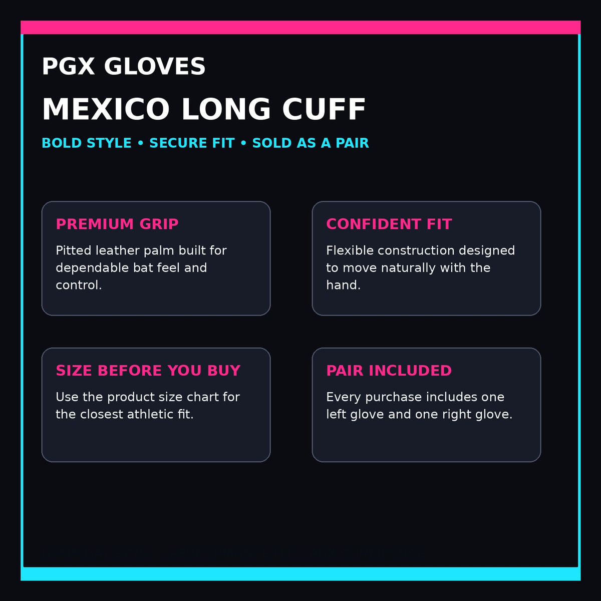 PGX Mexico Long Cuff batting gloves purchase confidence guide with grip, fit, sizing and pair included
