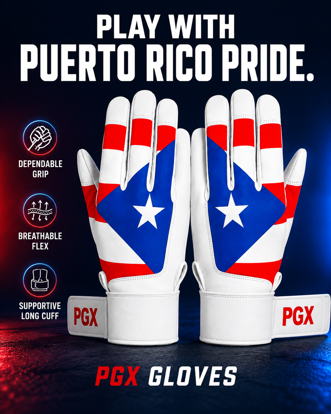 PGX Puerto Rico long cuff batting gloves with dependable grip, breathable flex and supportive wrist coverage