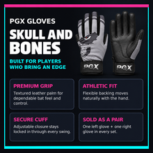 PGX Skull and Bones batting gloves premium grip athletic fit secure cuff and sold as a pair